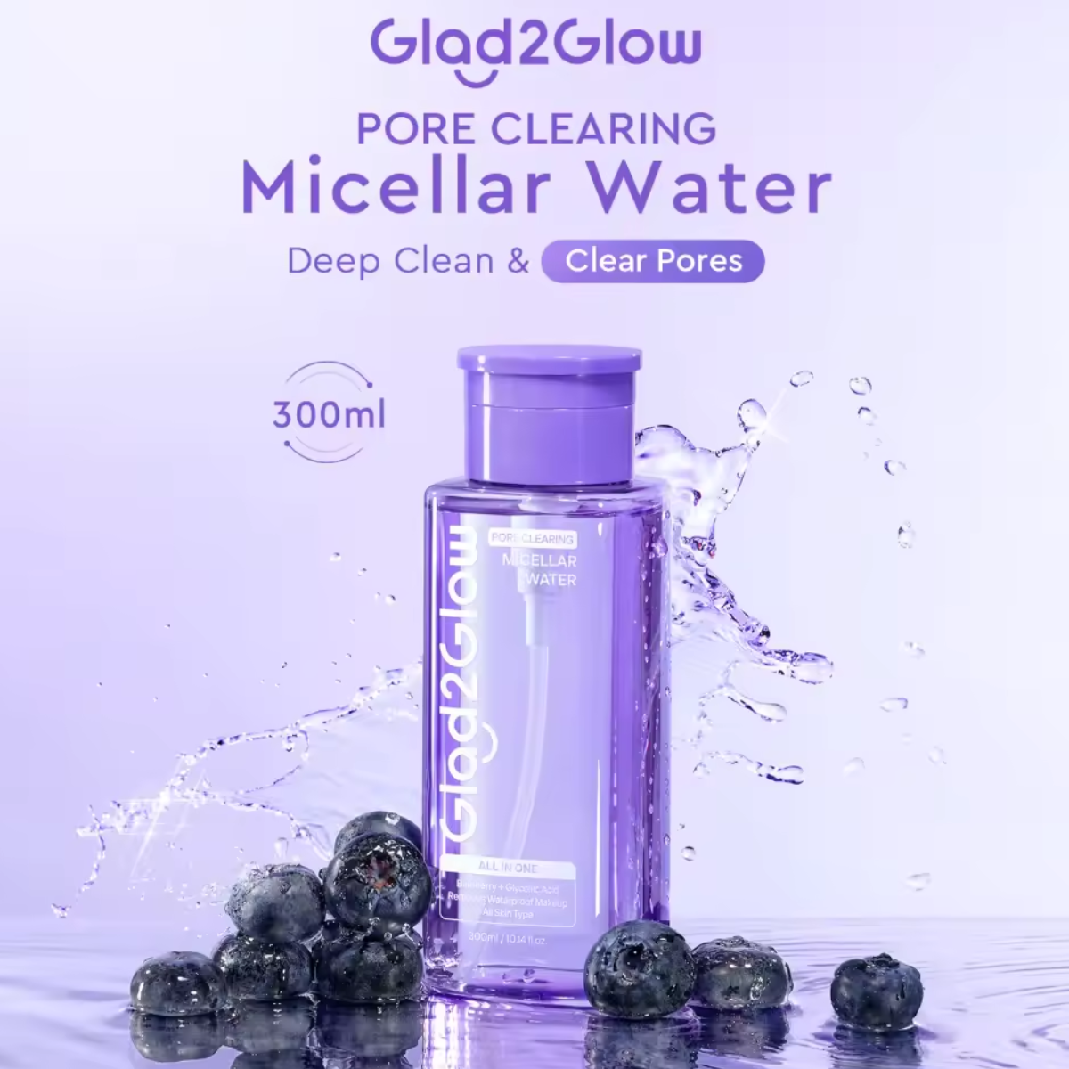 Glad2Glow Pore Clearing Micellar Water Gentle&Moist Makeup Remover ( Blueberry)