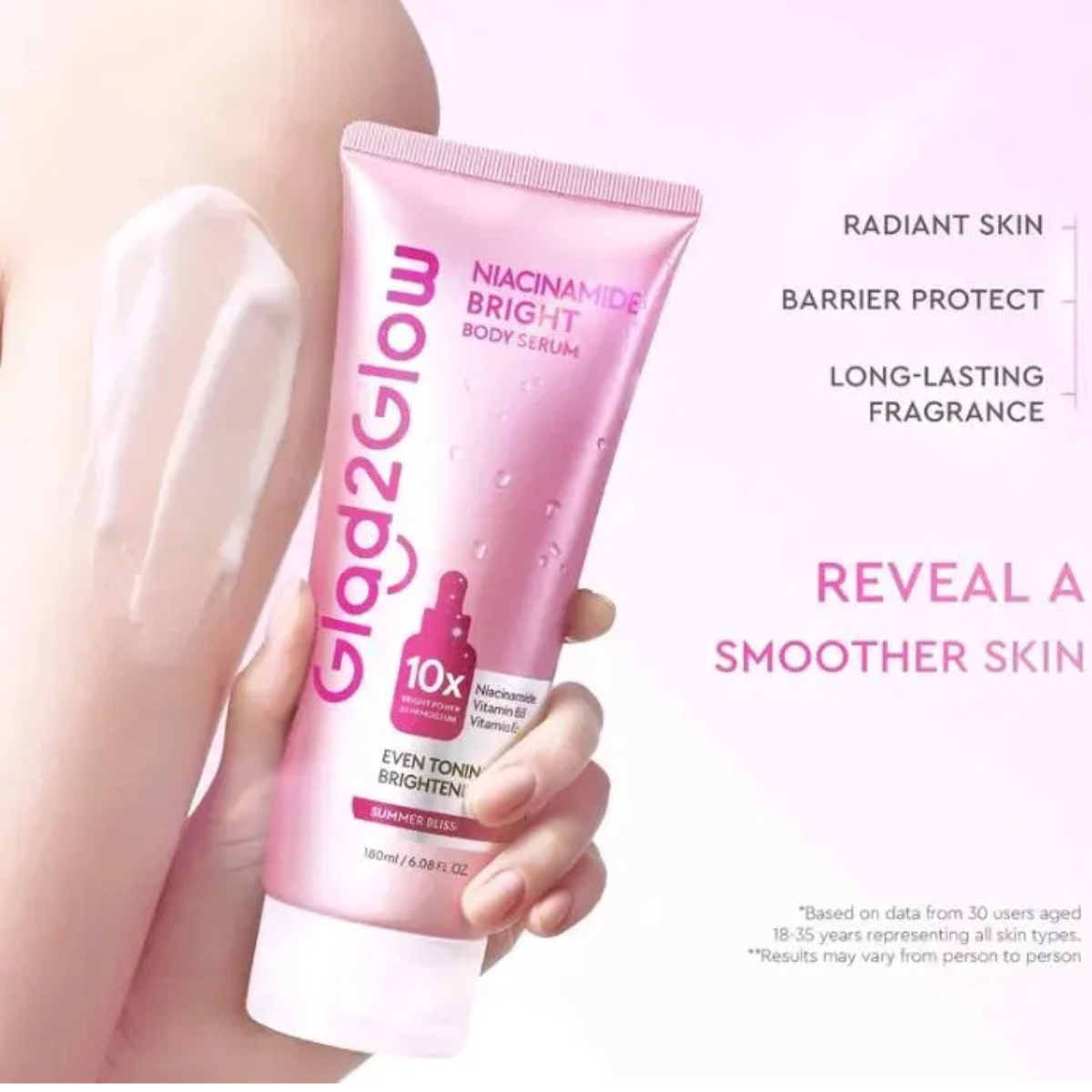 Glad2Glow Niacinamide Bright Body Serum 14 DAYS Bright & Even Toned Skin 24-HOUR Moisture Smell Fresh & Frangant All Day